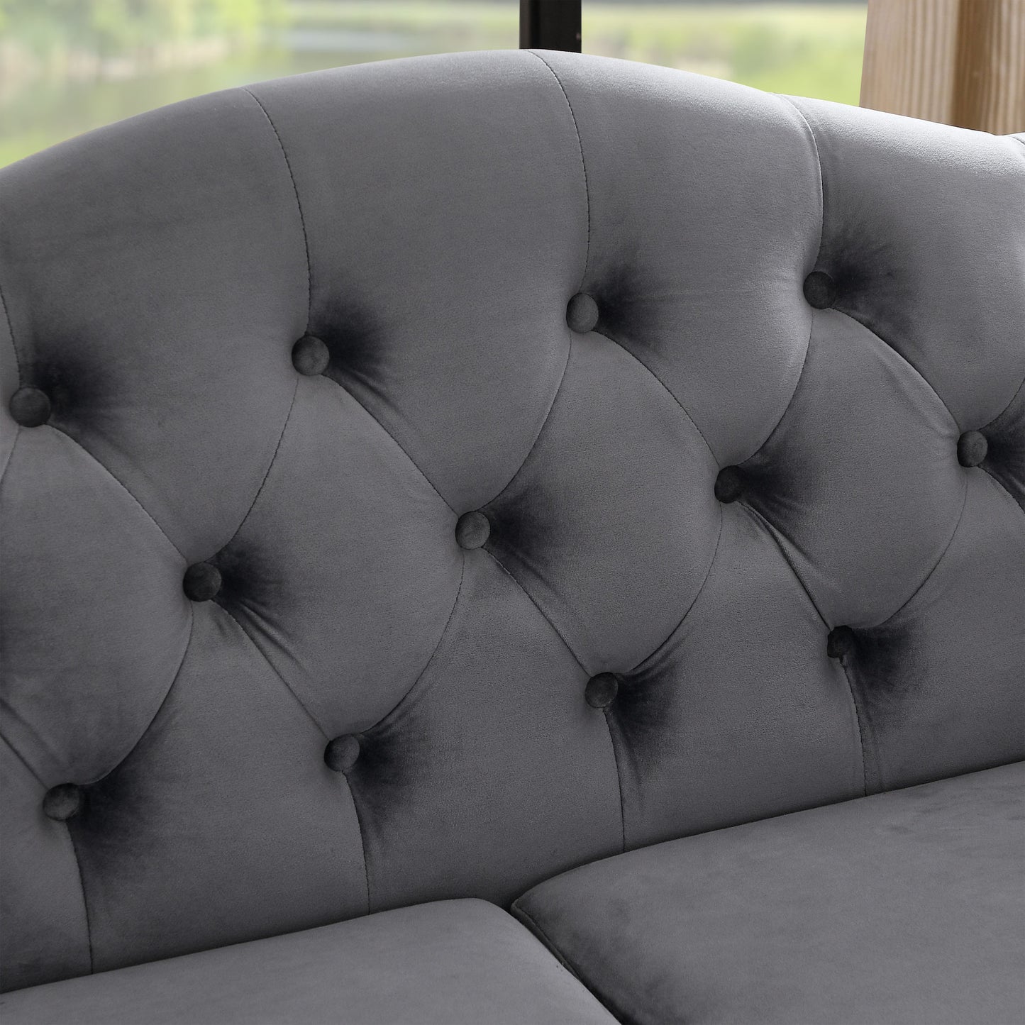 57" Chesterfield Sofa Grey Velvet for Living Room, 2 Seater Sofa Tufted Couch with Rolled Arms and Nailhead for Living Room, Bedroom, Office, Apartment, two pillows
