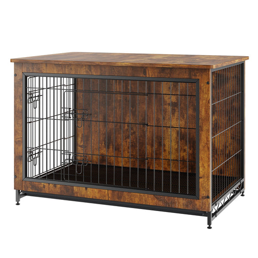 Dog Crate Furniture, 38 inch Wooden Dog Crate with Double Doors, Heavy-Duty Dog Cage End Table with Multi-Purpose Removable Tray, Modern Dog Kennel Indoor for Dogs up to 70lb, Rustic Brown