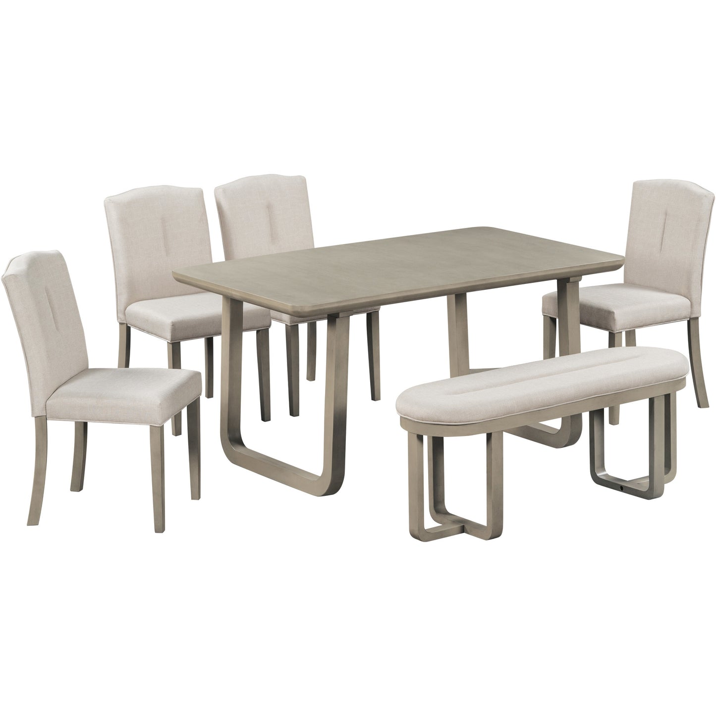 6-Piece Retro-Style Dining Set Includes Dining Table, 4 Upholstered Chairs & Bench with Foam-covered Seat Backs & Cushions for Dining Room (Light Khaki+Beige)