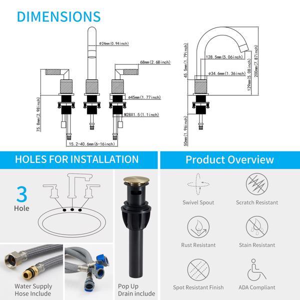 AvaMalis A|M Aquae Gold Bathroom Faucet 2 Handle 8 Inch Bathroom Sink Faucets Stainless Steel 3 Hole Widespread with Pop Up Drain and Water Supply Hoses, Brushed Gold