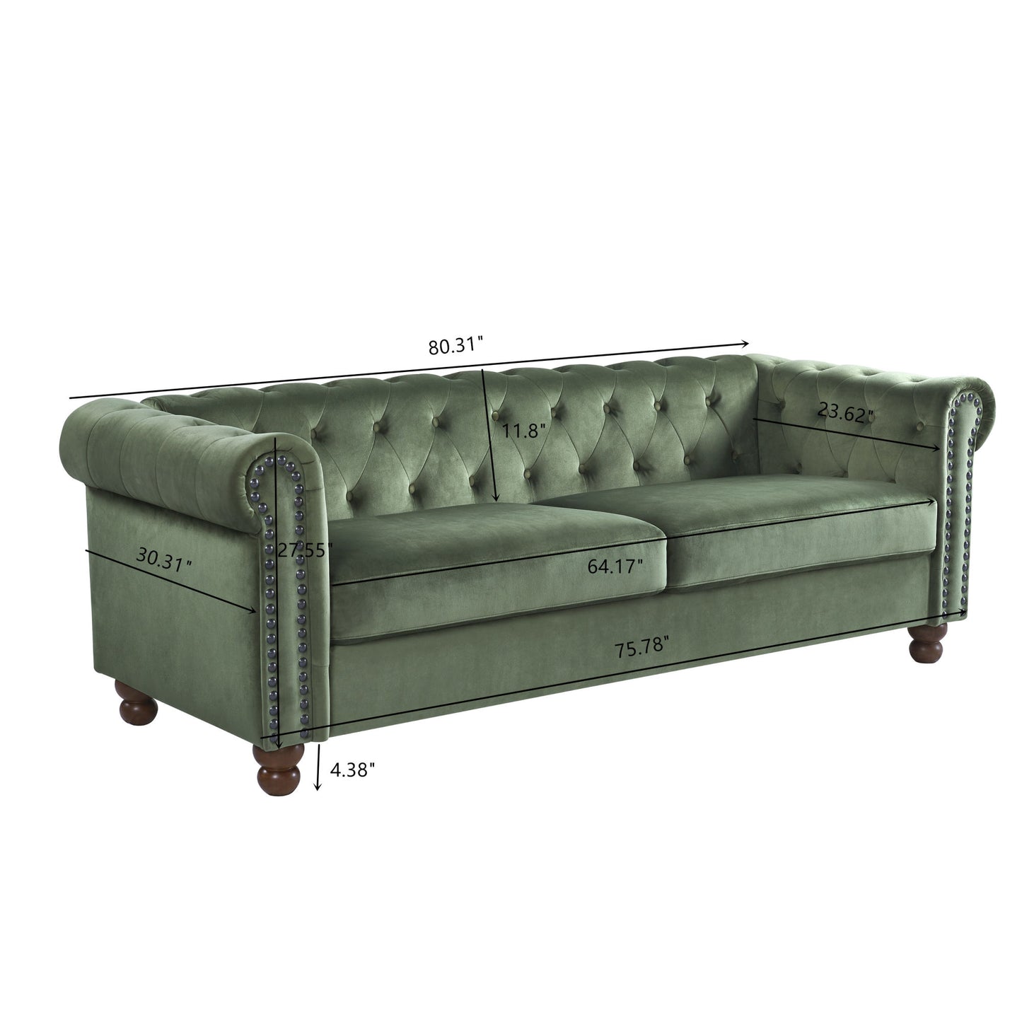 PHOYAL Large Sofa, Velvet Sofa Three-seat Sofa Classic Tufted Chesterfield Settee Sofa Modern 3 Seater Couch Furniture Tufted Back for Living Room (Green)