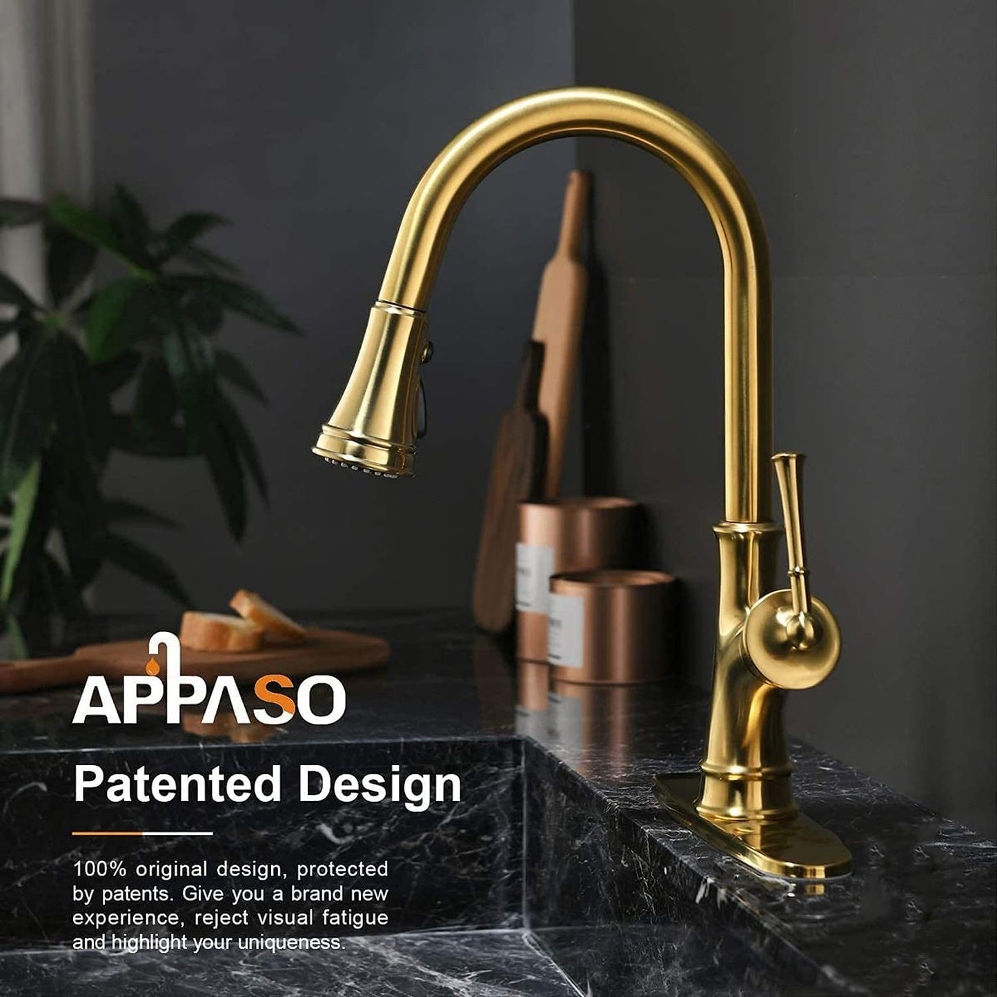 AvaMalis A|M Aquae APPASO Gold Kitchen Faucet with Pull Down Sprayer, Antique Brushed Gold Single Handle 1 Hole High Arc Copper Brass Pull Out Kitchen Sink Faucets, Champagne Gold