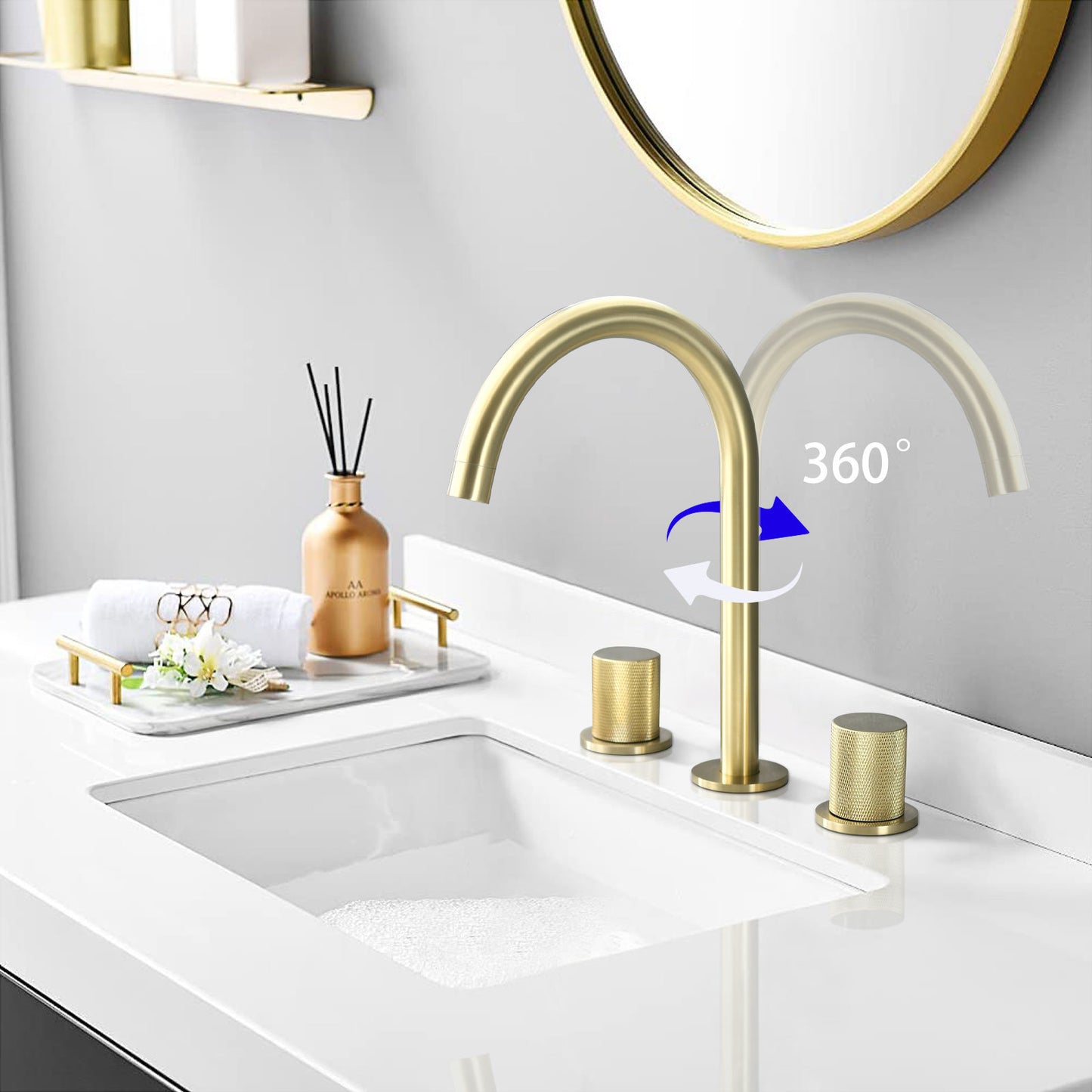 AvaMalis A|M Aquae Two Handles Widespread 8 Inch Bathroom Faucet, Brushed Golden