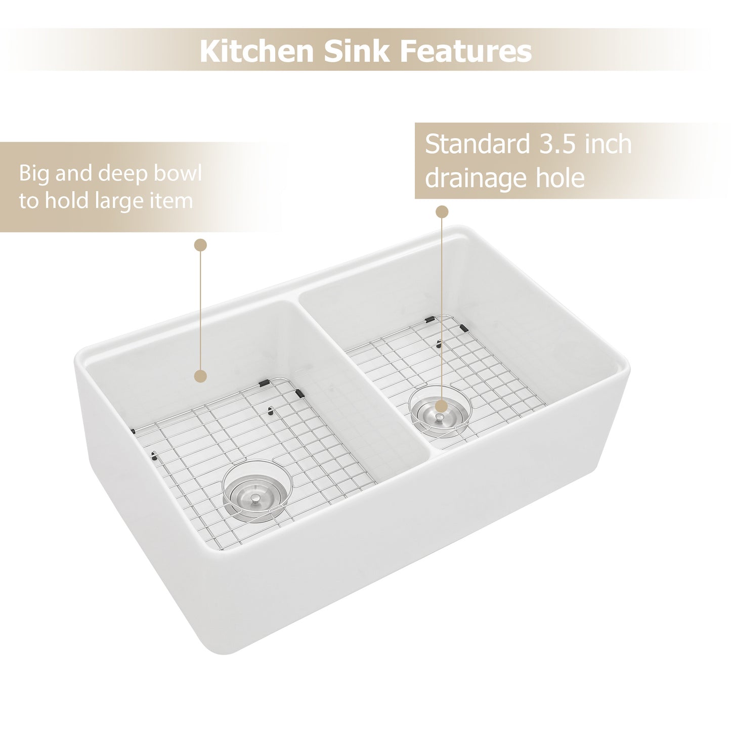 Farmhouse Apron Ceramic Kitchen Sink,Kitchen Sink Double Sink with Strainer