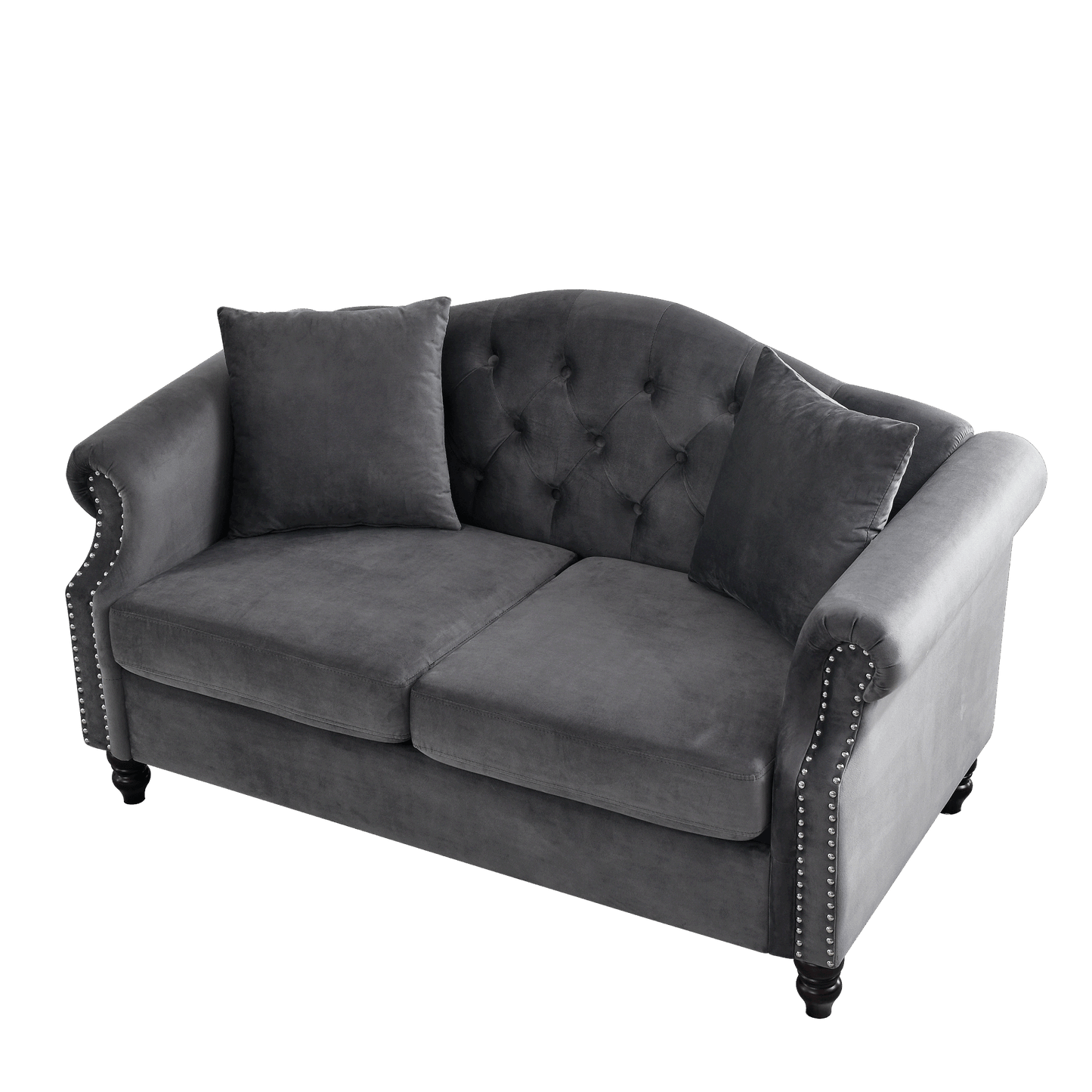 57" Chesterfield Sofa Grey Velvet for Living Room, 2 Seater Sofa Tufted Couch with Rolled Arms and Nailhead for Living Room, Bedroom, Office, Apartment, two pillows