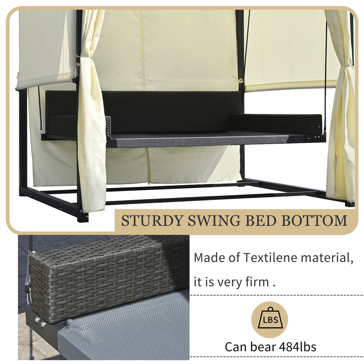 [VIDEO provided]U_Style 2-3 People Outdoor Swing Bed; Adjustable Curtains; Suitable For Balconies;  Gardens And Other Places