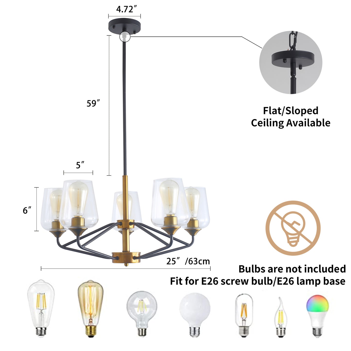 Modern American hanging chandelier -5 bulbs -E26 lamp holder