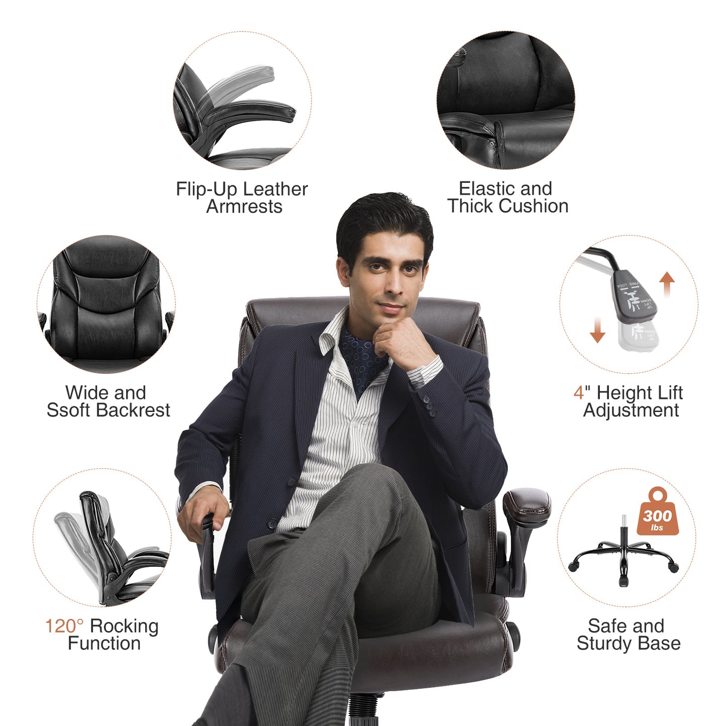 Executive Office PU Leather Desk Chair High Back Flip-Up Armrest Adjustable Ergonomic Home Office Chair