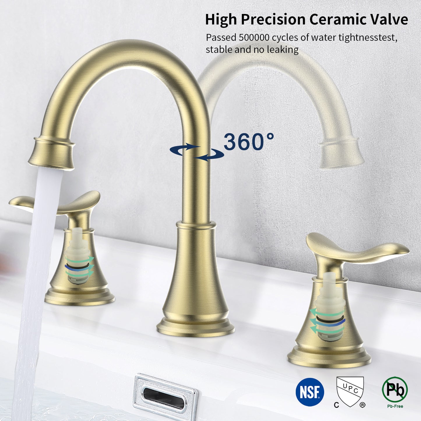 AvaMalis A|M Aquae 2-Handle 8 inch Widespread Bathroom Sink Faucet Brushed Gold Lavatory Faucet 3 Hole 360° Swivel Spout Vanity Sink Basin Faucets 3007B-NA