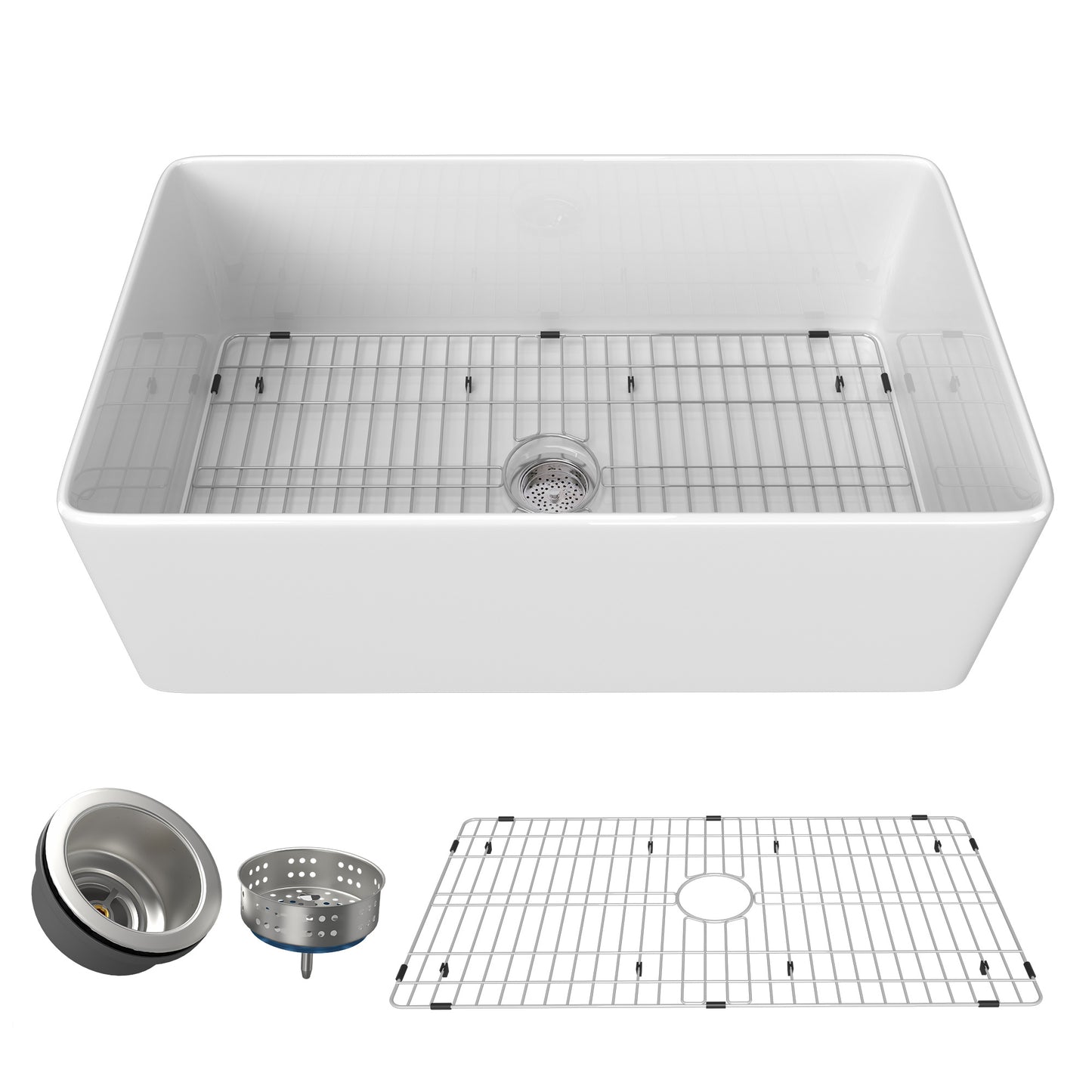 36 Inch Fireclay Farmhouse Kitchen Sink White Single Bowl Apron Front Kitchen Sink, Bottom Grid and Kitchen Sink Drain Included