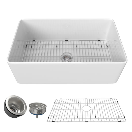 36 Inch Fireclay Farmhouse Kitchen Sink White Single Bowl Apron Front Kitchen Sink, Bottom Grid and Kitchen Sink Drain Included