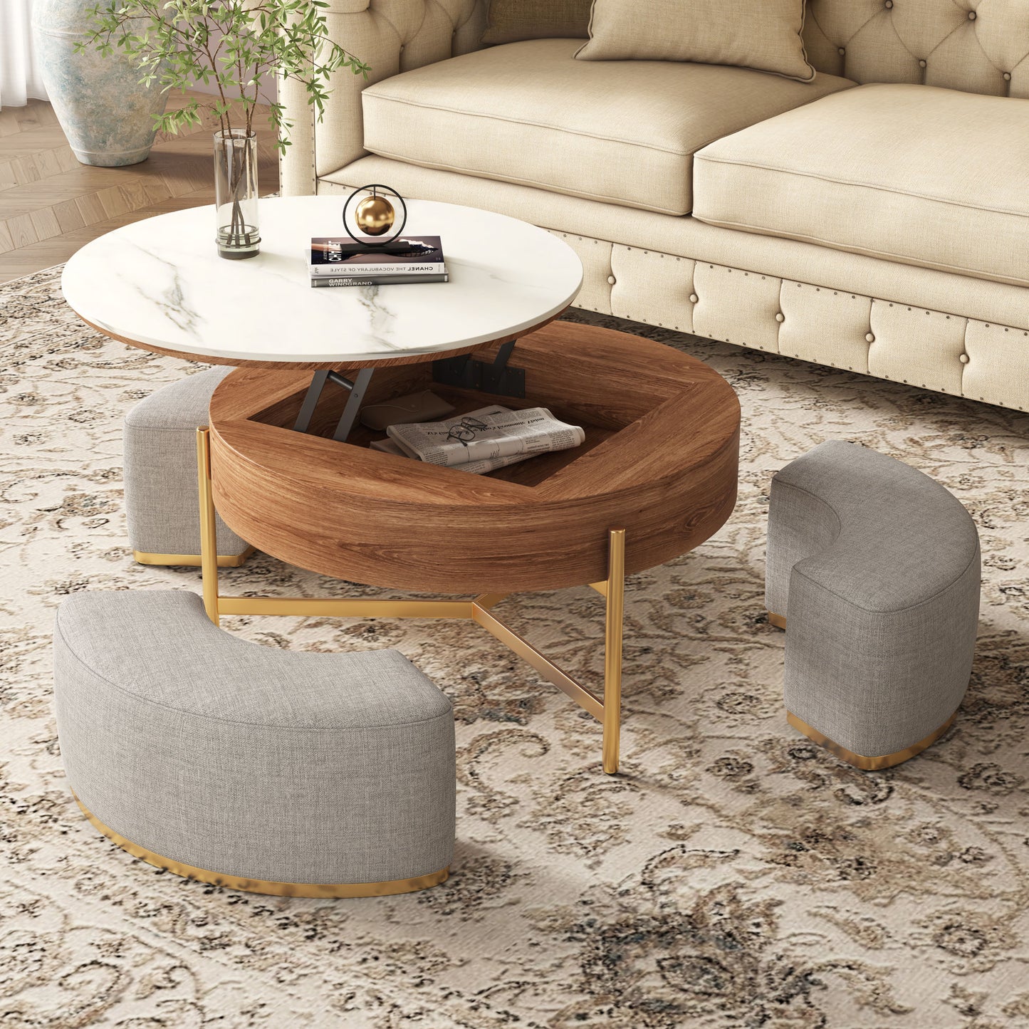 Modern Nesting Coffee Table Set with Sintered Stone Top, Lift-top Coffee Table 37"
