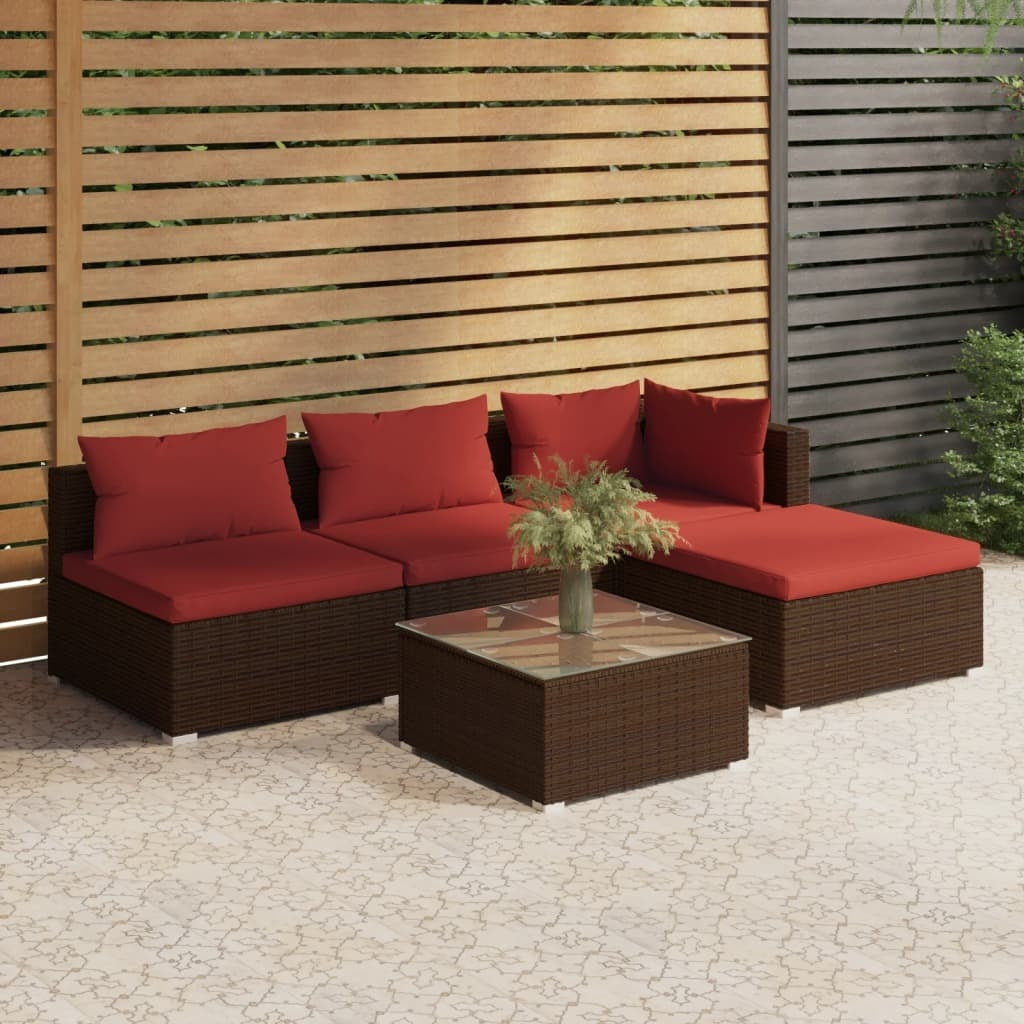 5 Piece Patio Lounge Set with Cushions Poly Rattan Brown
