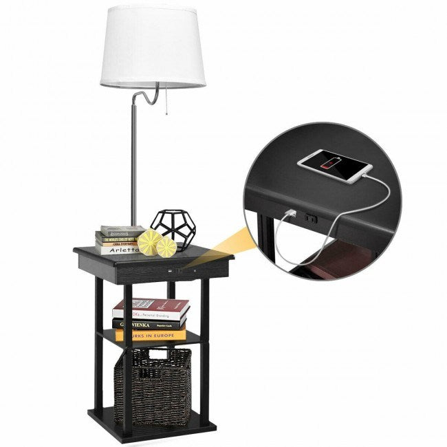 Floor Lamp Bedside Desk with USB Charging Ports Shelves