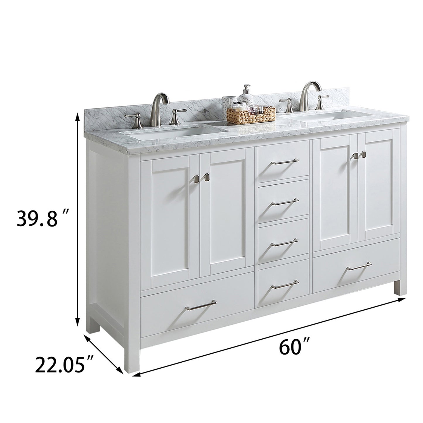 Bathroom Vanity Cabinet set 60 inches Double sink, Bathroom Storage Carrara White Marble Countertop With Back Splash