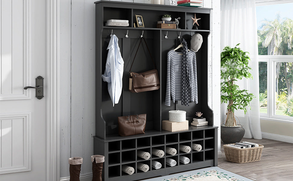 ON-TREND Modern Style Multiple Functions Hallway Coat Rack with Metal Black Hooks, Entryway Bench 60" Wide Hall Tree with Ample Storage Space and 24 Shoe Cubbies , Black (OLD SKU: WF286983AAB )