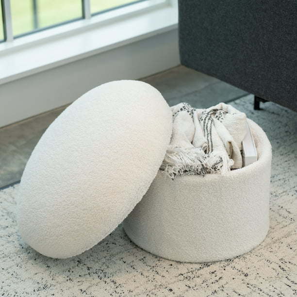 Boucle Mushroom Upholstered Storage Ottoman, Cream