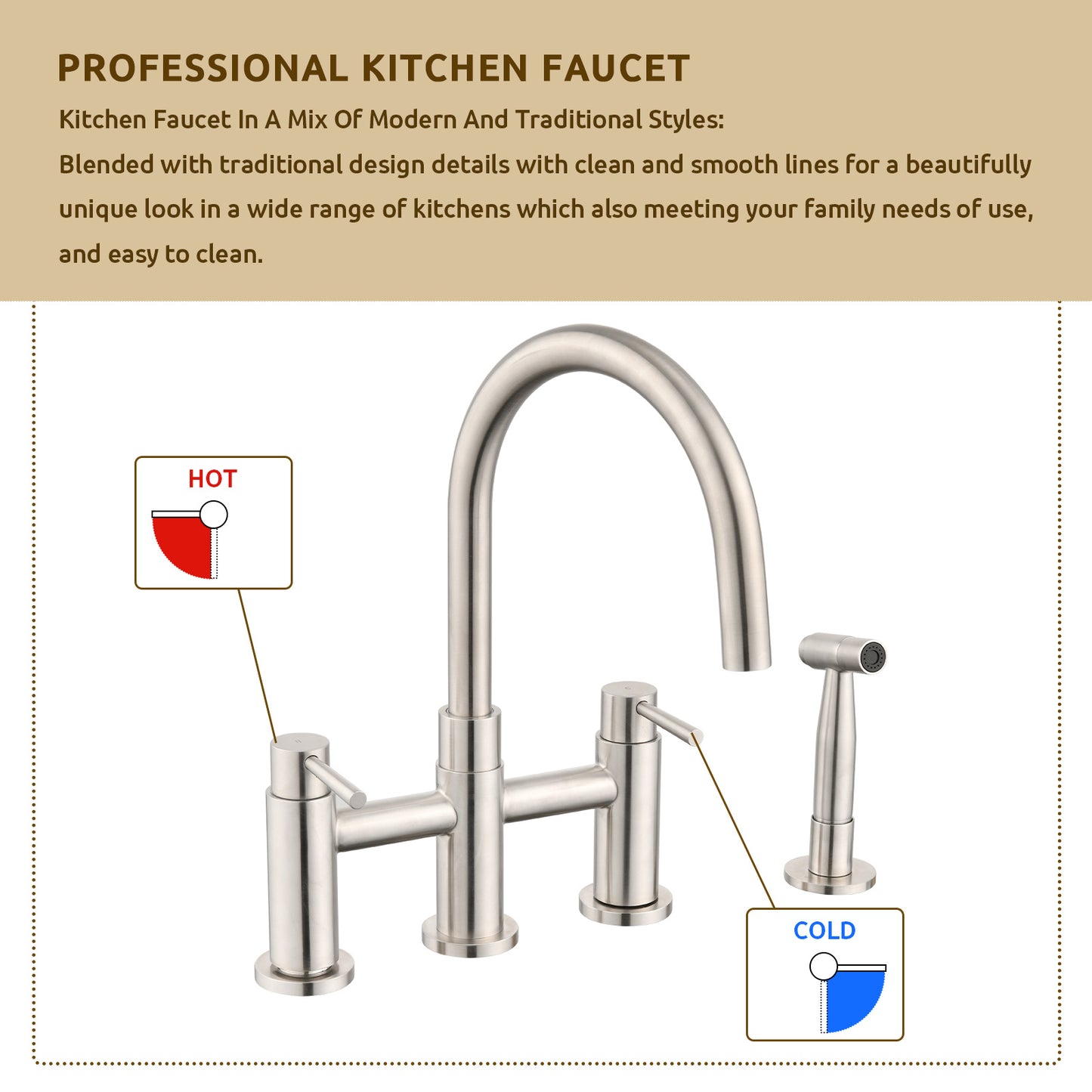 A|M Aquae Double Handle Bridge Kitchen Faucet with Side Spray