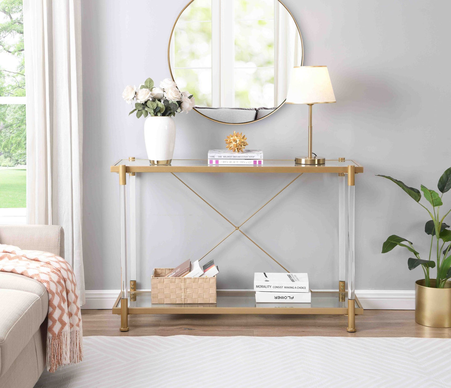 43.31'' Golden Glass Sofa Table, Acrylic Side Table, Console Table for Living Roome& Bedroom
