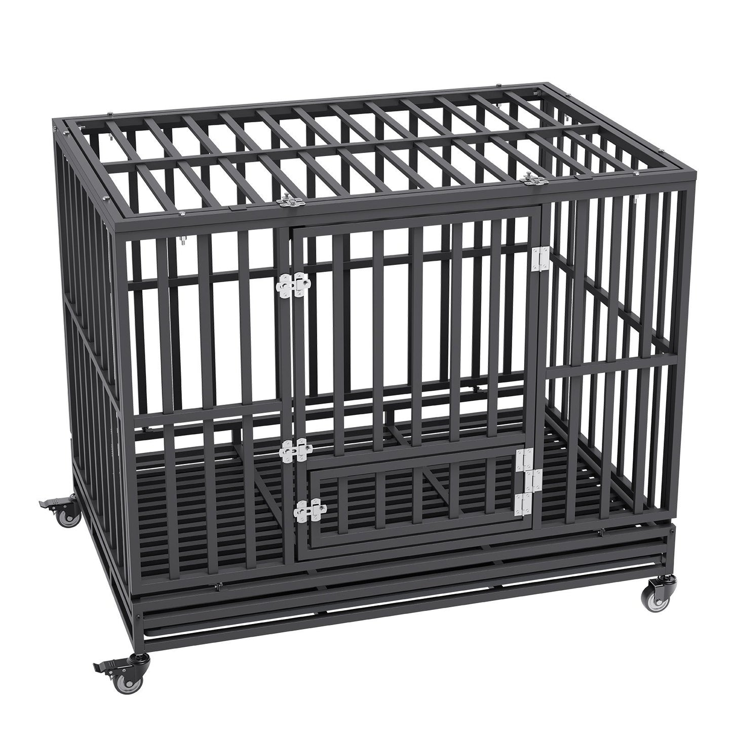 47 Inch Heavy Duty Dog Crate, Indestructible Dog Crate, 3-Door Heavy Duty Dog Kennel for Medium to Large Dogs with Lockable Wheels and Removable Tray, High Anxiety Dog Crate for Indoor & Outdoor