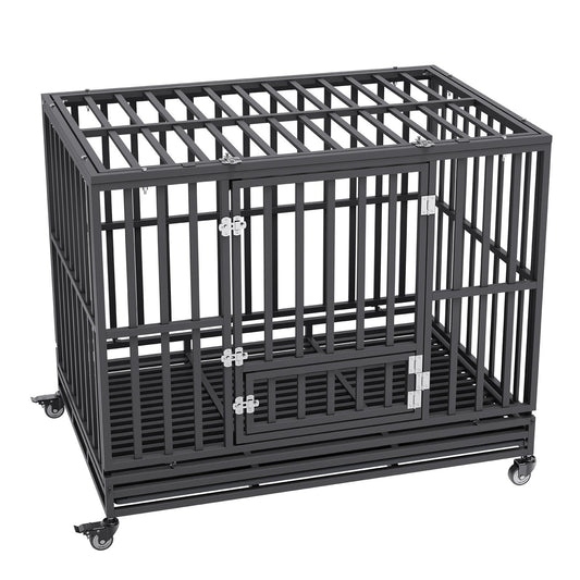 47 Inch Heavy Duty Dog Crate, Indestructible Dog Crate, 3-Door Heavy Duty Dog Kennel for Medium to Large Dogs with Lockable Wheels and Removable Tray, High Anxiety Dog Crate for Indoor & Outdoor