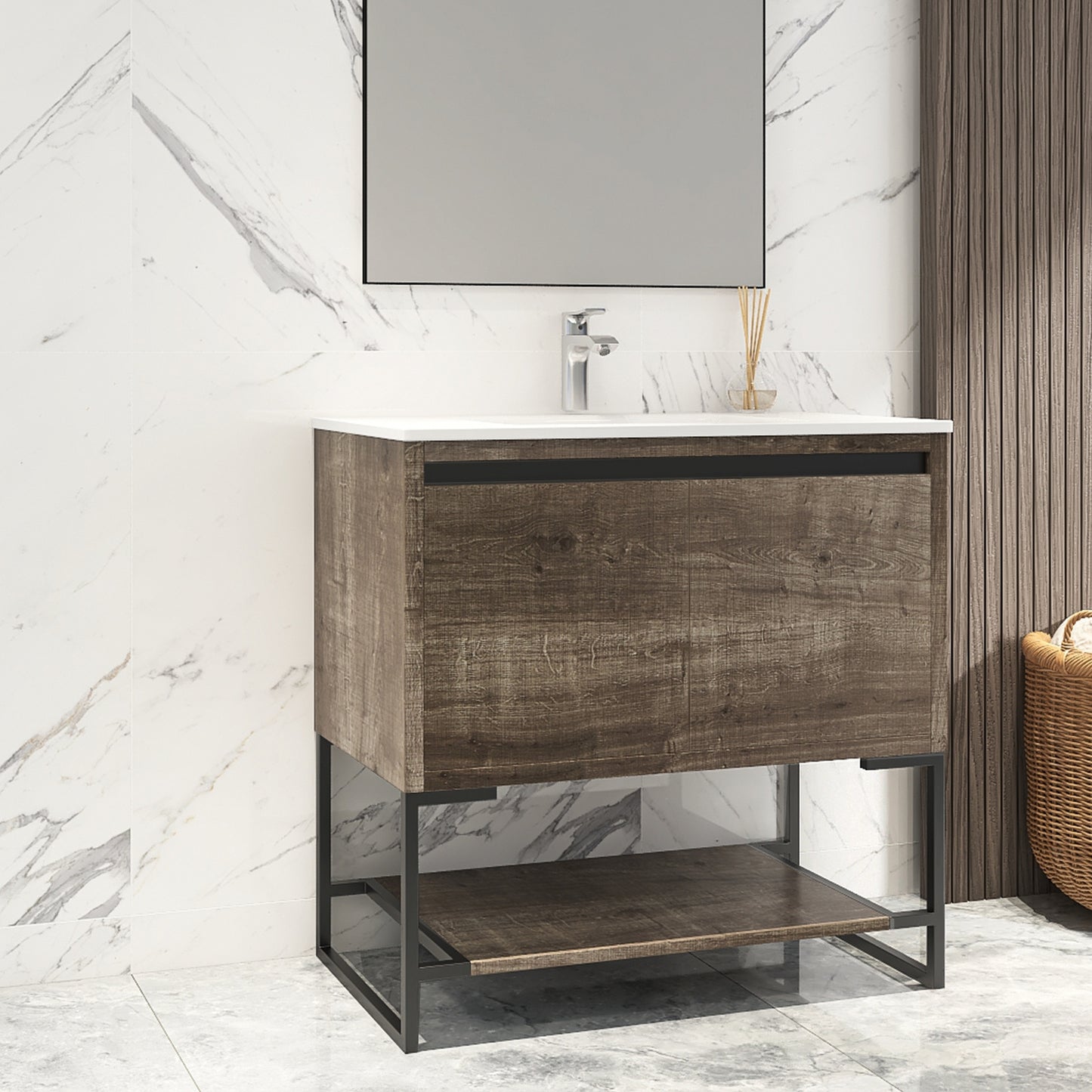 32 inches Wood Freestanding Bathroom Vanity Combo with Integrated Ceramic Sink and 2 Soft Close Doors