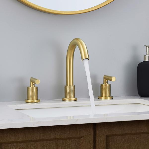 AvaMalis A|M Aquae Gold Bathroom Faucet 2 Handle 8 Inch Bathroom Sink Faucets Stainless Steel 3 Hole Widespread with Pop Up Drain and Water Supply Hoses, Brushed Gold