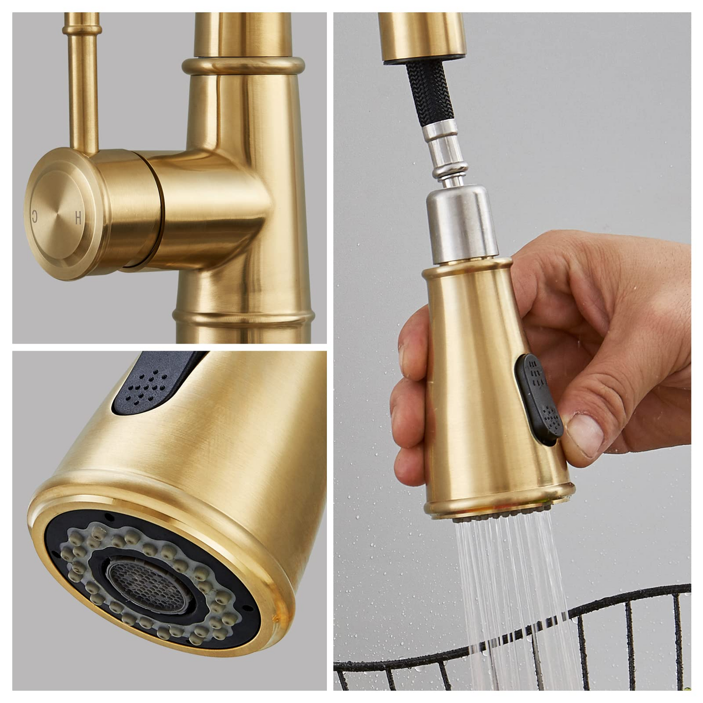 AvaMalis A|M Aquae Gold Kitchen Faucet with Pull Down Sprayer; Brushed Gold Kitchen Sink Faucets 1Handle Single Hole Deck Mount High Arc 360 Degree Swivel Pull Out Kitchen Faucets