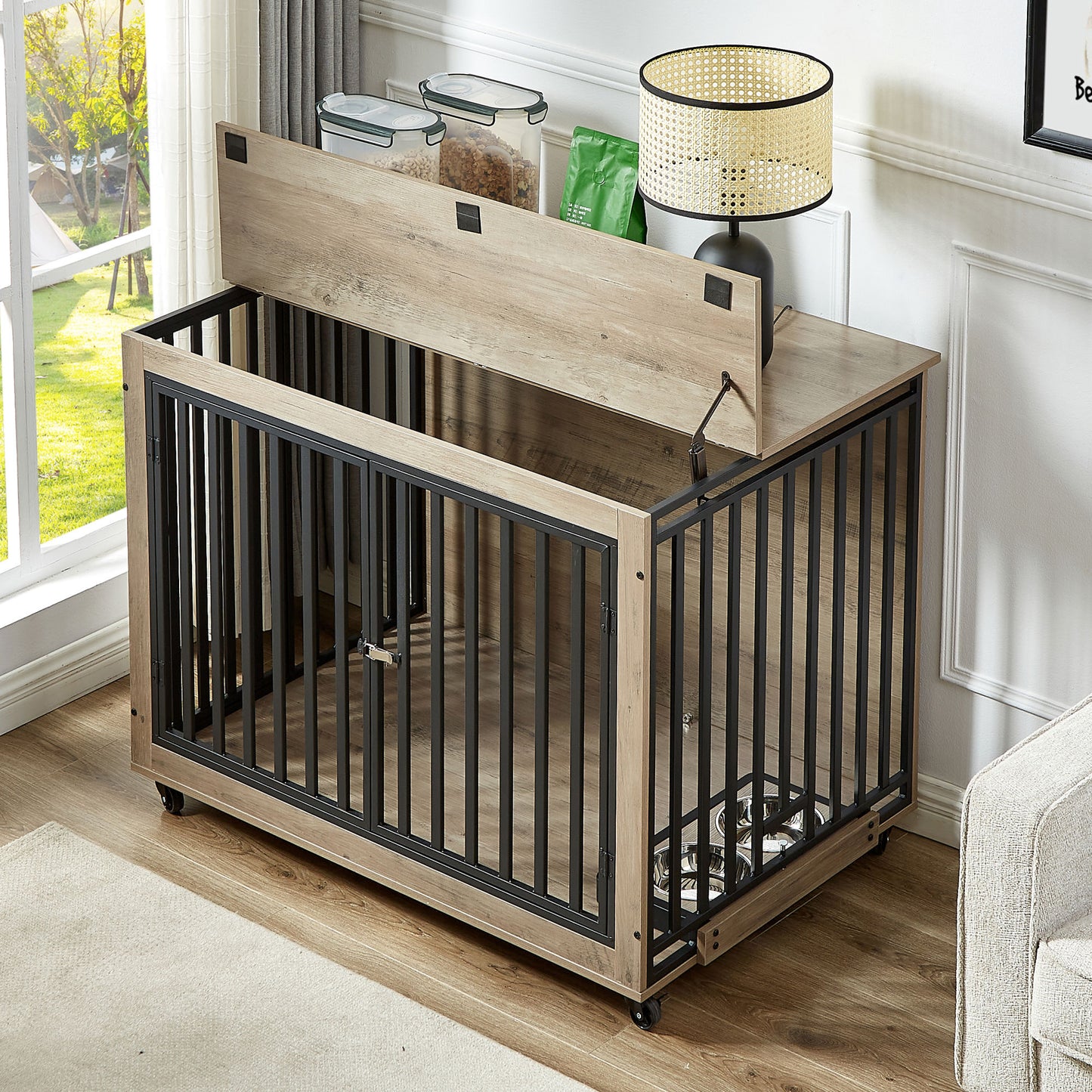 Furniture Style Dog Crate Side Table With Feeding Bowl, Wheels, Three Doors, Flip-Up Top Opening. Indoor, Grey, 43.7"W x 30"D x 33.7"H