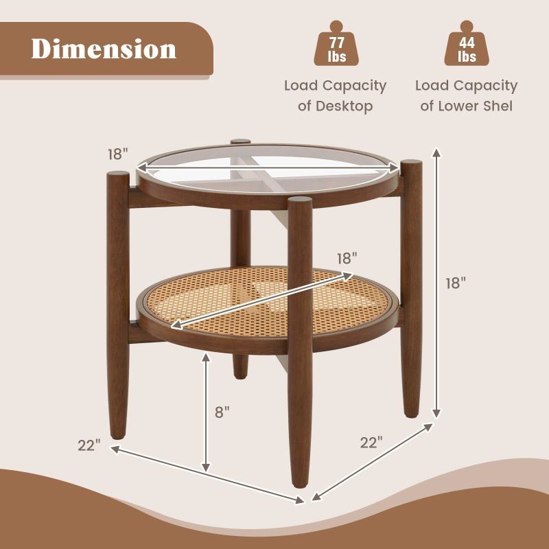 Retro Elegant Rattan Round Side End Table with Tempered Glass Tabletop