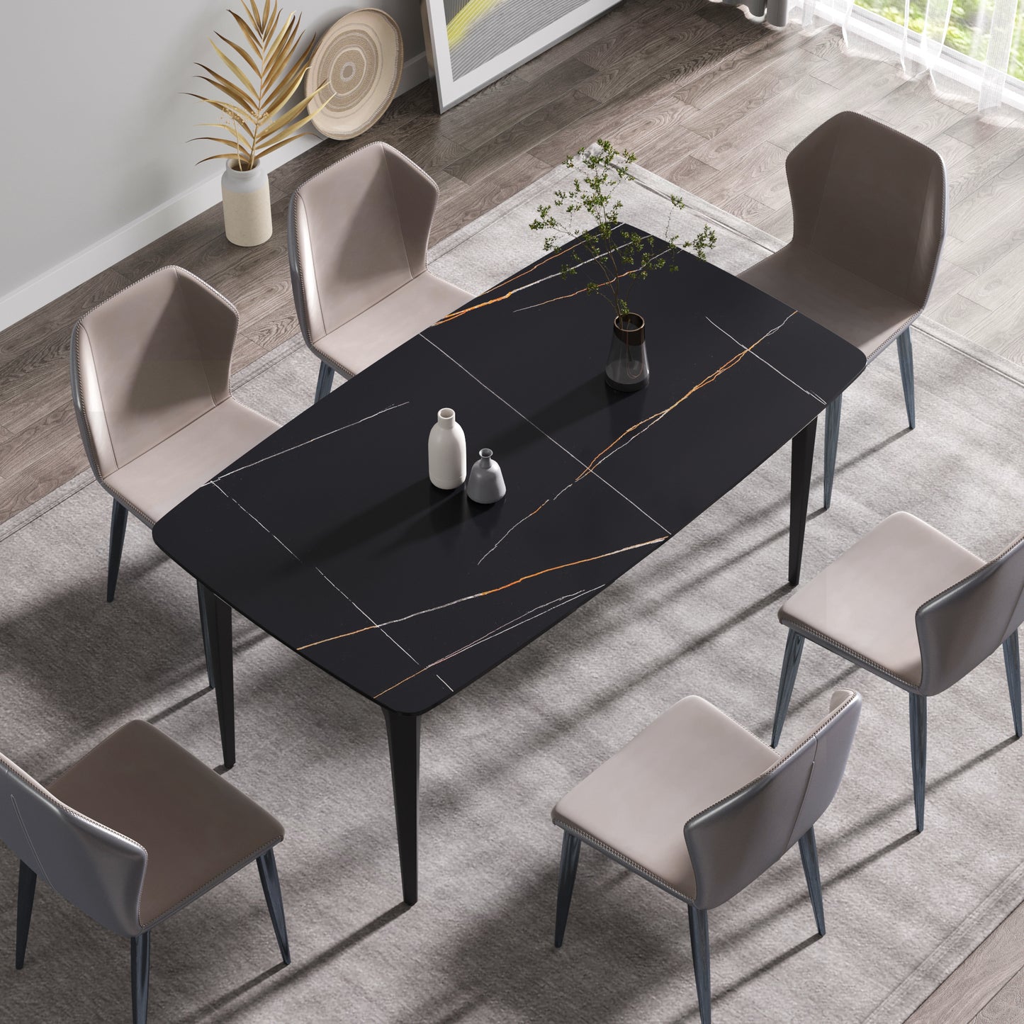 63"Modern artificial stone black curved black metal leg dining table -6 people
