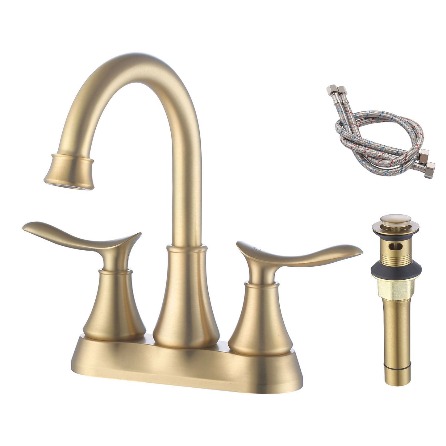 AvaMalis A|M Aquae 2-Handle 4-Inch Brushed Gold Bathroom Faucet, Bathroom Vanity Sink Faucets with Pop-up Drain and Supply Hoses