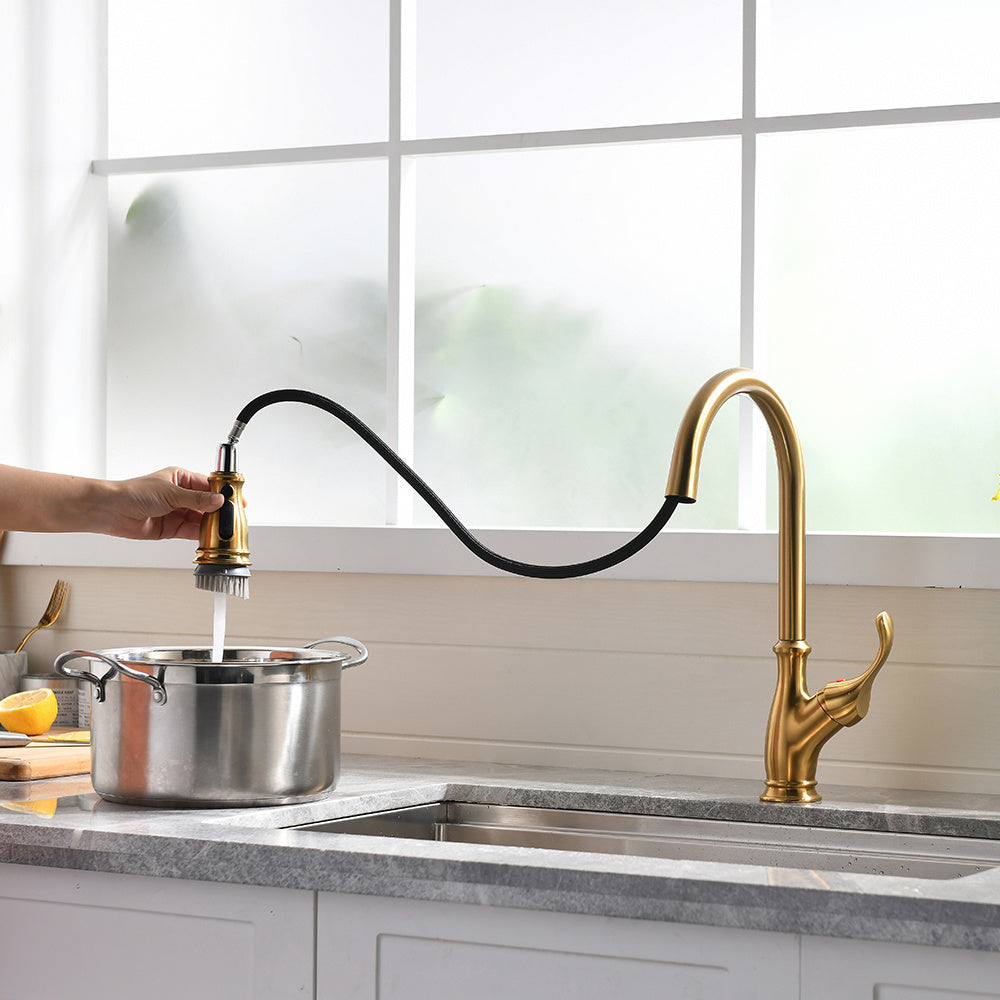 AvaMalis A|M Aquae Gold Kitchen Faucet with Pull Down Sprayer Brushed Gold Single Handle 1 Hole High Arc Pull Out Kitchen Sink Faucets