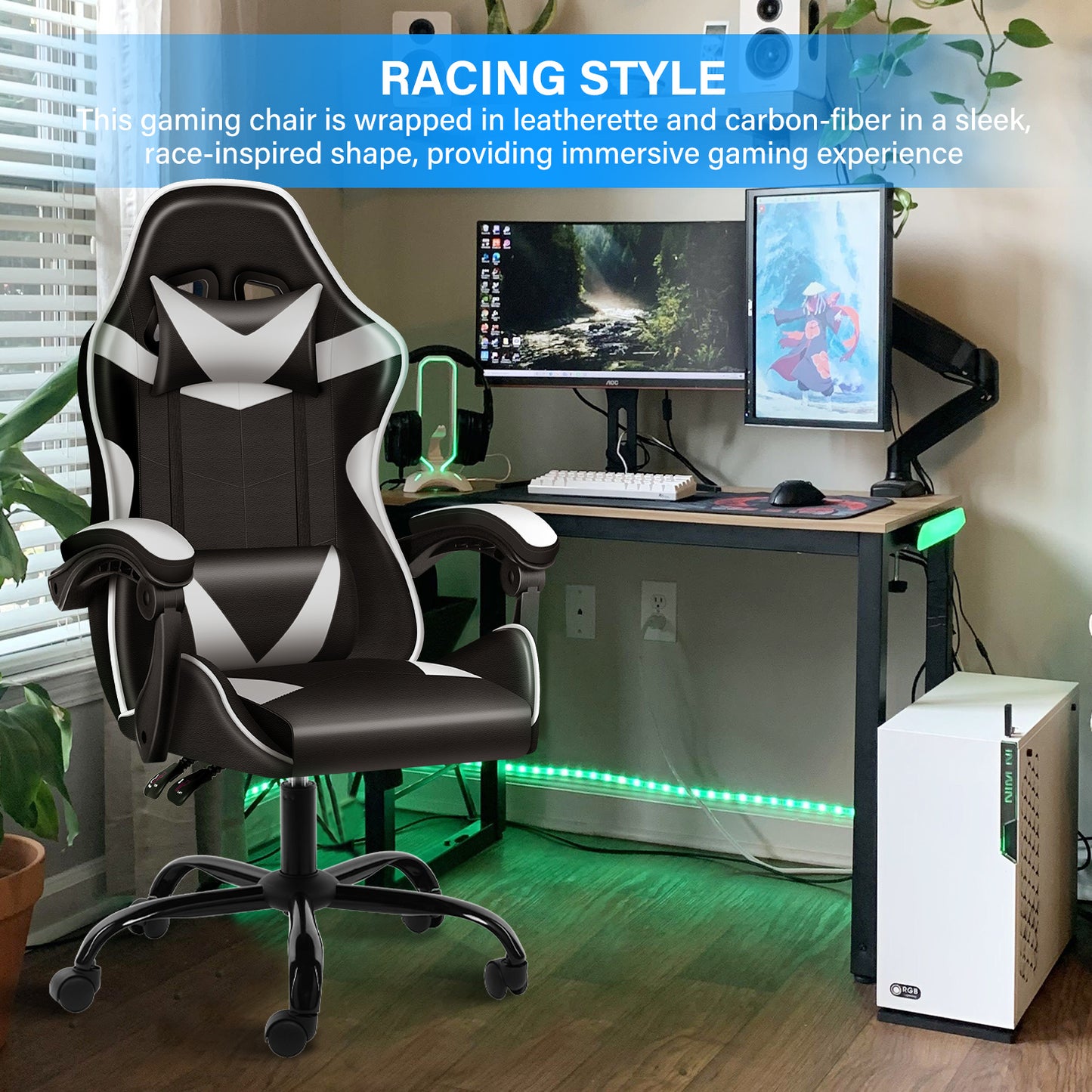 Racing Video Backrest and Seat Height Recliner Gaming Office High Back Computer Ergonomic Adjustable Swivel Chair, Without footrest, Black/White