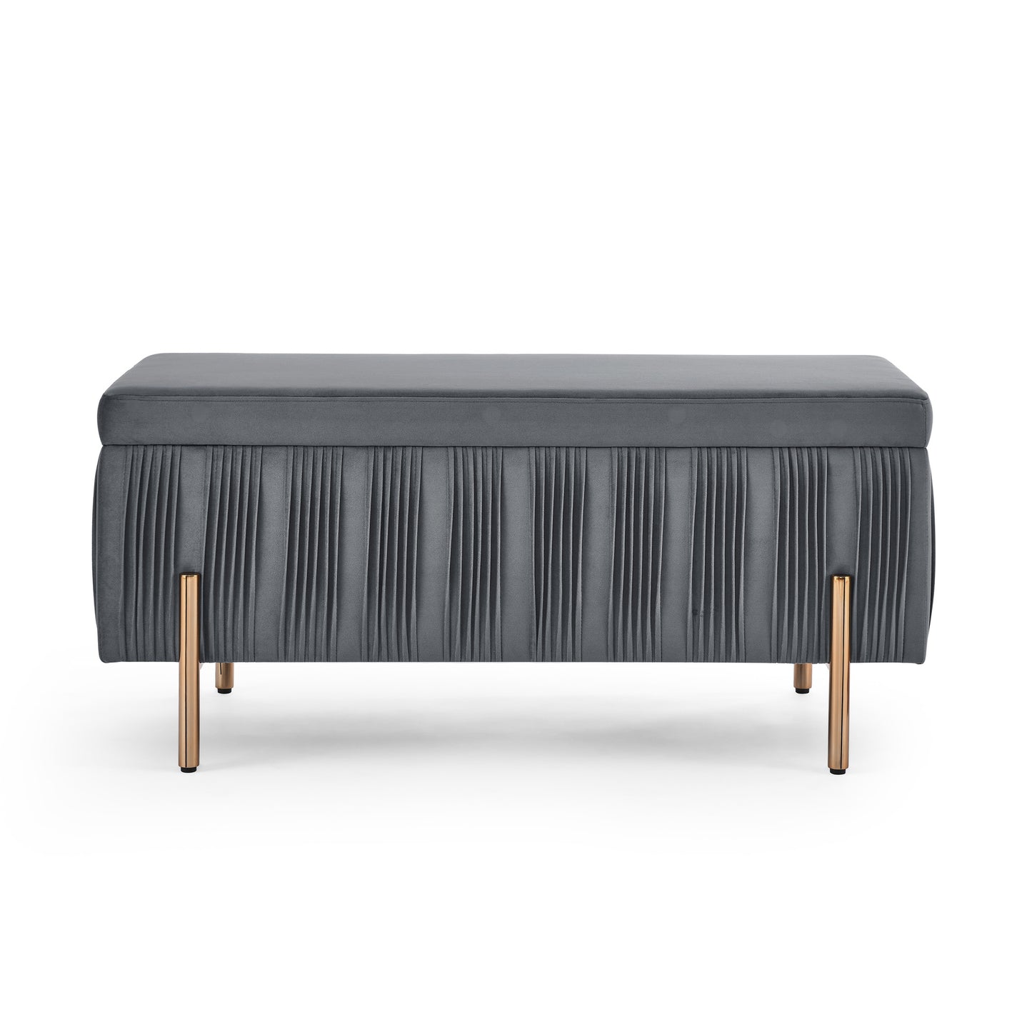 Elegant Upholstered Velvet Storage Bench with Cedar Wood Veneer, Large Storage Ottoman with Electroplate Iron Legs for Hallway Living Room Bedroom, Grey
