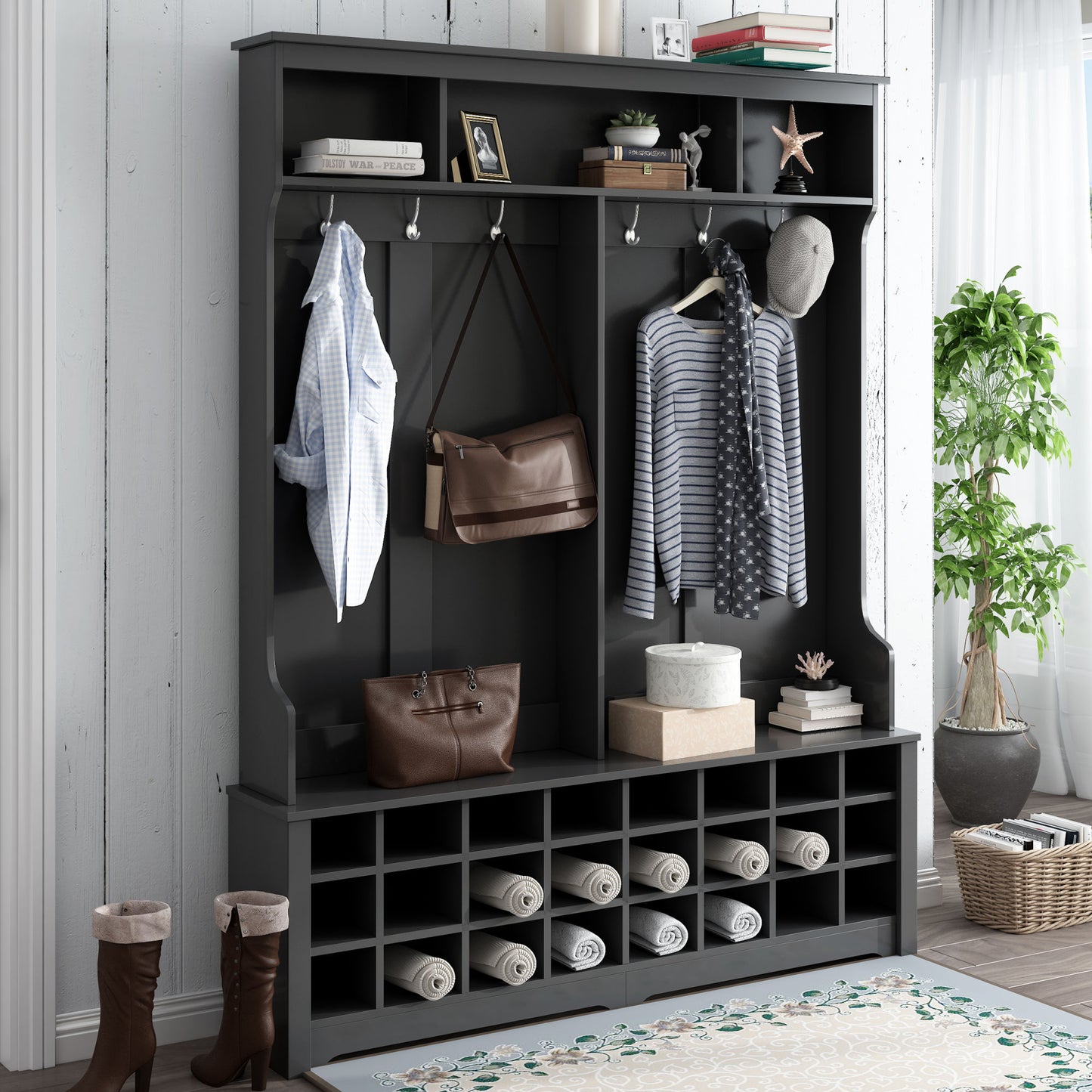 ON-TREND Modern Style Multiple Functions Hallway Coat Rack with Metal Black Hooks, Entryway Bench 60" Wide Hall Tree with Ample Storage Space and 24 Shoe Cubbies , Black (OLD SKU: WF286983AAB )