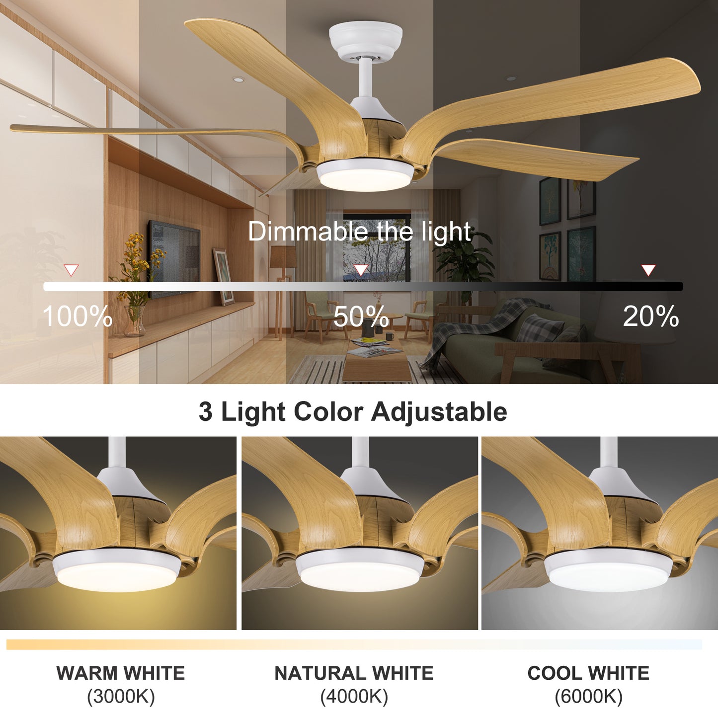 AvaMalis 56 in.Farmhouse Integrated LED Faux Wood White Smart Ceiling Fan with Remote Control and DC Motor