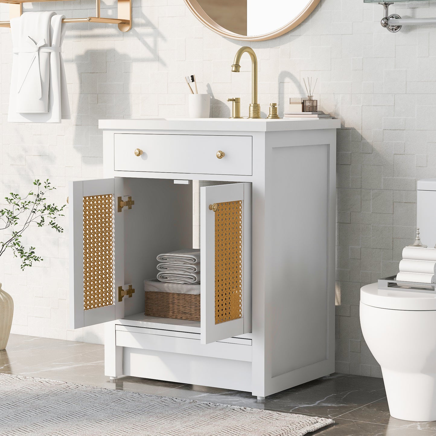 24" Bathroom vanity with Single Sink; White Combo Cabinet Undermount Sink; Bathroom Storage Cabinet; Solid Wood Frame; Pull-out footrest