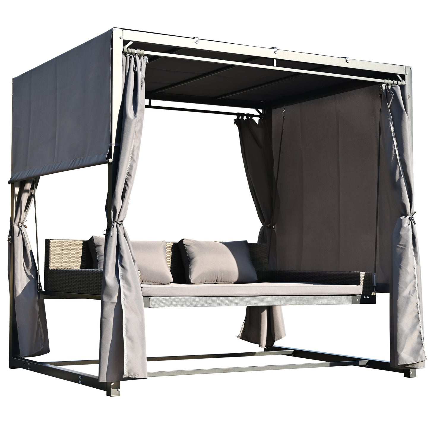 [VIDEO provided]U_Style 2-3 People Outdoor Swing Bed; Adjustable Curtains; Suitable For Balconies;  Gardens And Other Places