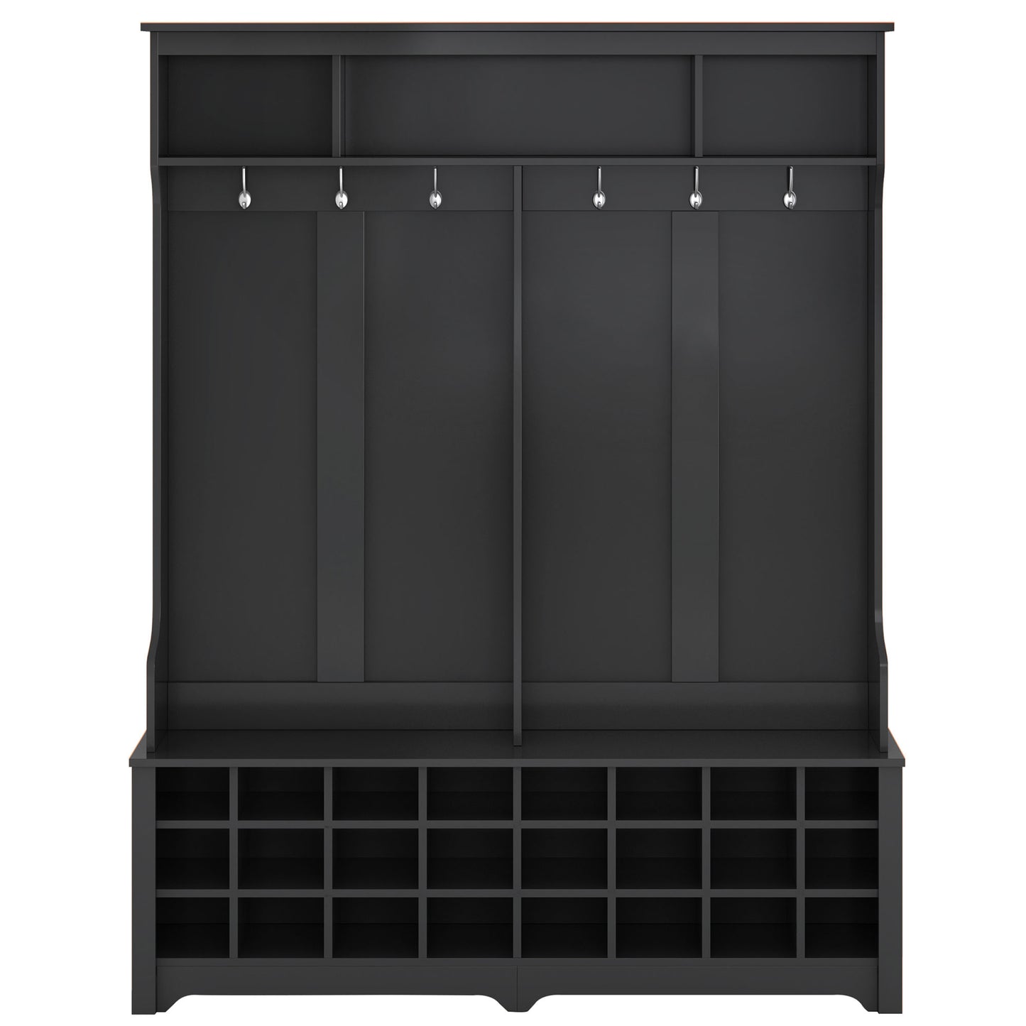 ON-TREND Modern Style Multiple Functions Hallway Coat Rack with Metal Black Hooks, Entryway Bench 60" Wide Hall Tree with Ample Storage Space and 24 Shoe Cubbies , Black (OLD SKU: WF286983AAB )