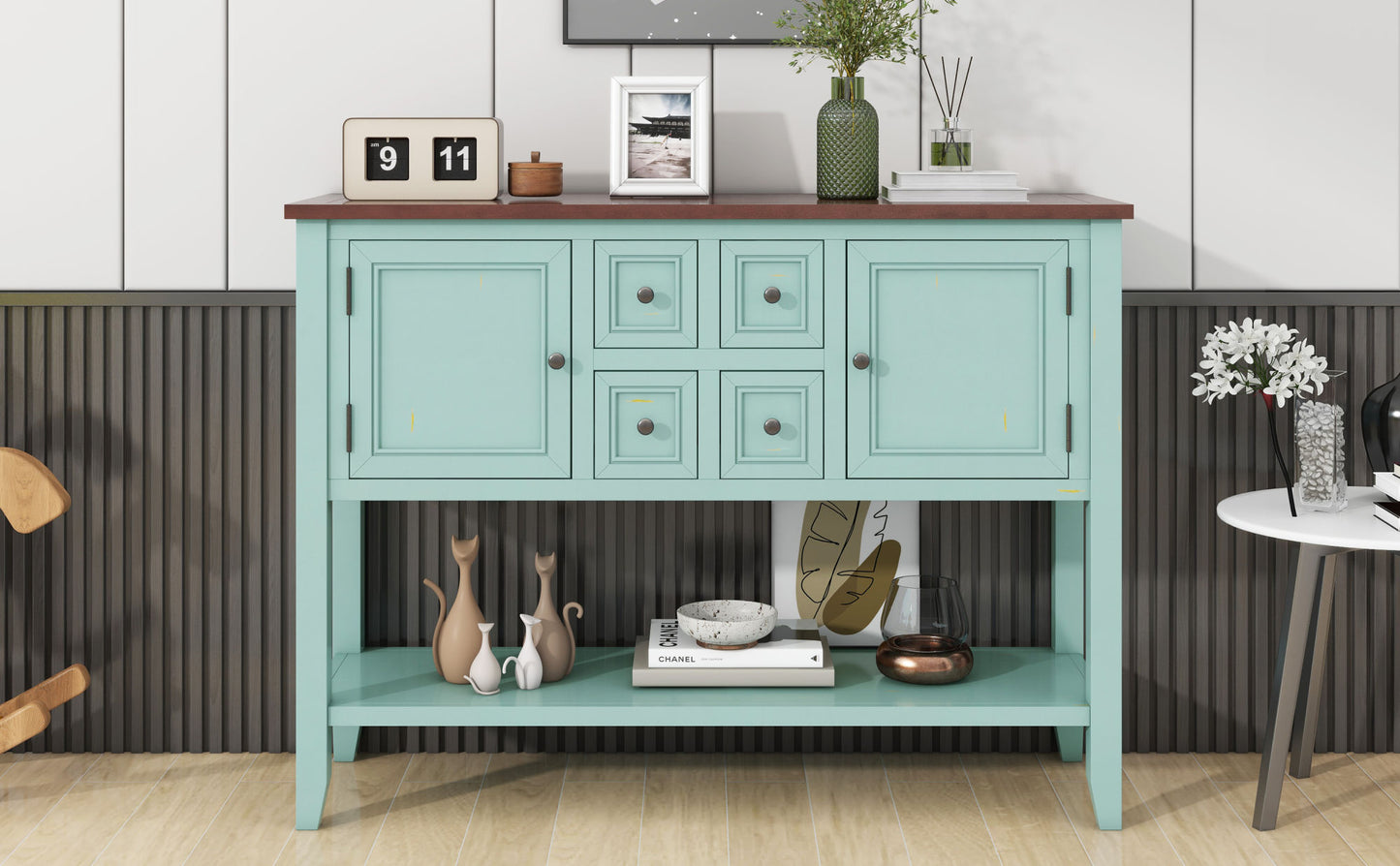 Cambridge Series Ample Storage Vintage console table with Four Small Drawers and Bottom Shelf for Living Rooms, Entrances and Kitchens (Retro Blue, OLD SKU: WF190263AAC)
