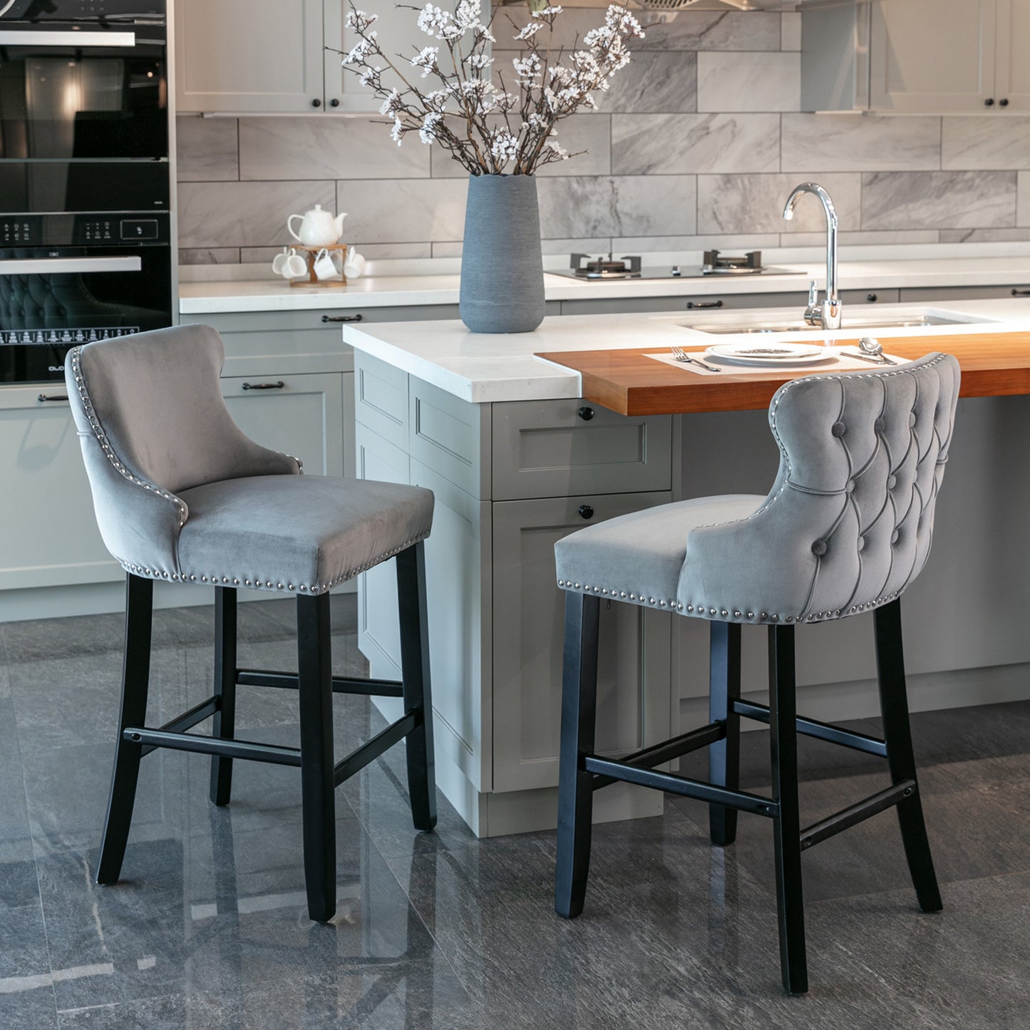 Contemporary Velvet Upholstered Wing-Back Barstools with Button Tufted Decoration and Wooden Legs, and Chrome Nailhead Trim, Leisure Style Bar Chairs,Bar stools, Set of 4 (Gray), SW1824GY x 2 cartons