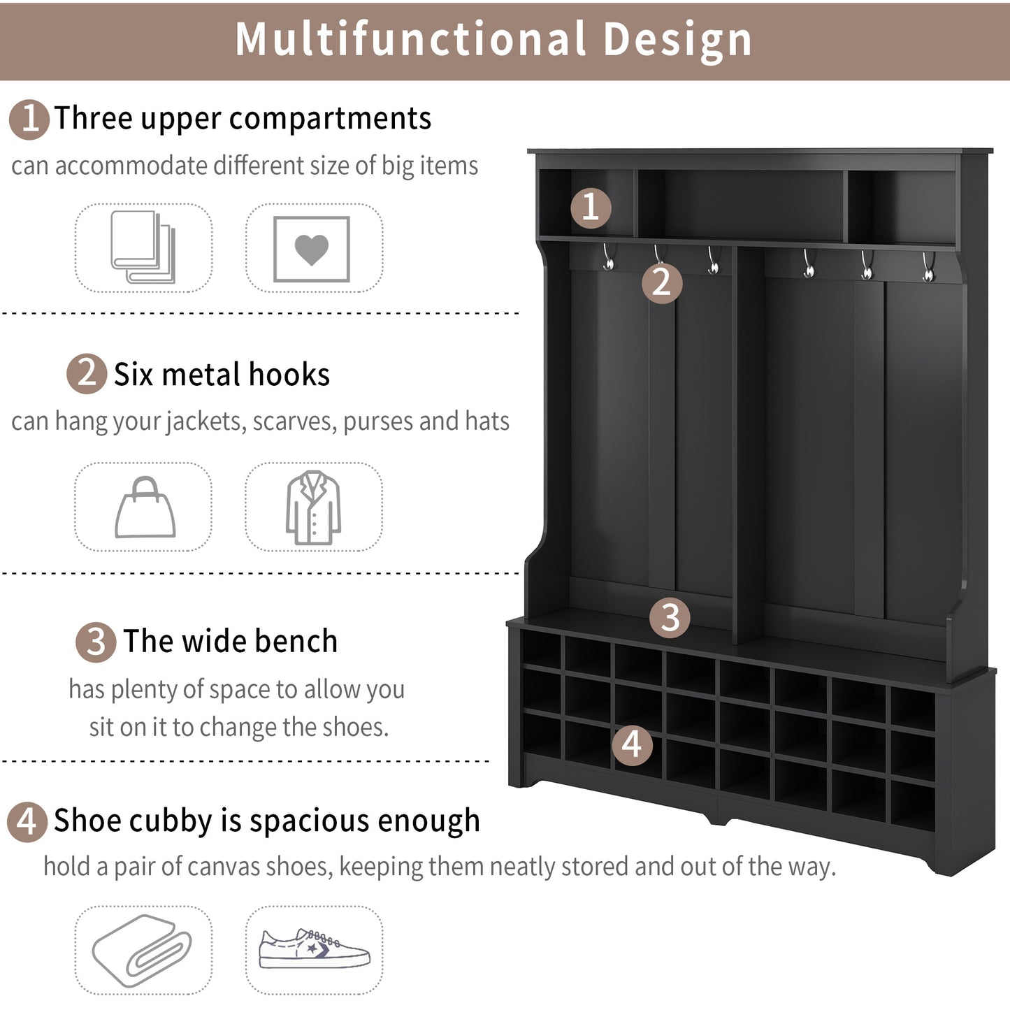 ON-TREND Modern Style Multiple Functions Hallway Coat Rack with Metal Black Hooks, Entryway Bench 60" Wide Hall Tree with Ample Storage Space and 24 Shoe Cubbies , Black (OLD SKU: WF286983AAB )