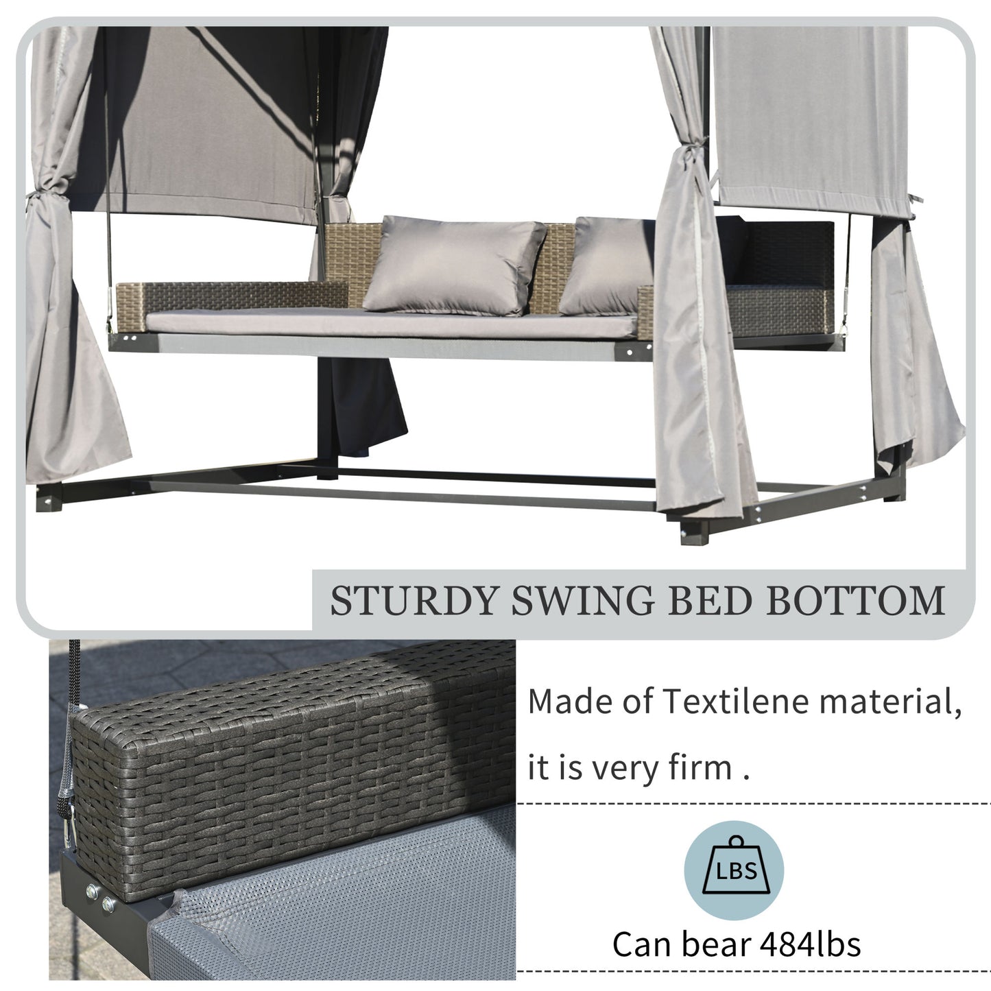 [VIDEO provided]U_Style 2-3 People Outdoor Swing Bed; Adjustable Curtains; Suitable For Balconies;  Gardens And Other Places