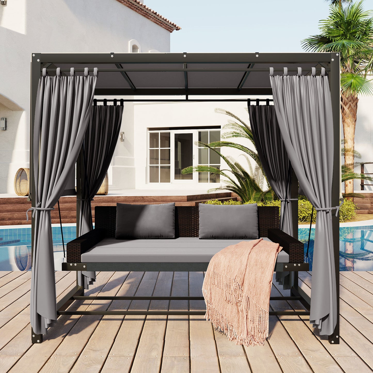 [VIDEO provided]U_Style 2-3 People Outdoor Swing Bed; Adjustable Curtains; Suitable For Balconies;  Gardens And Other Places