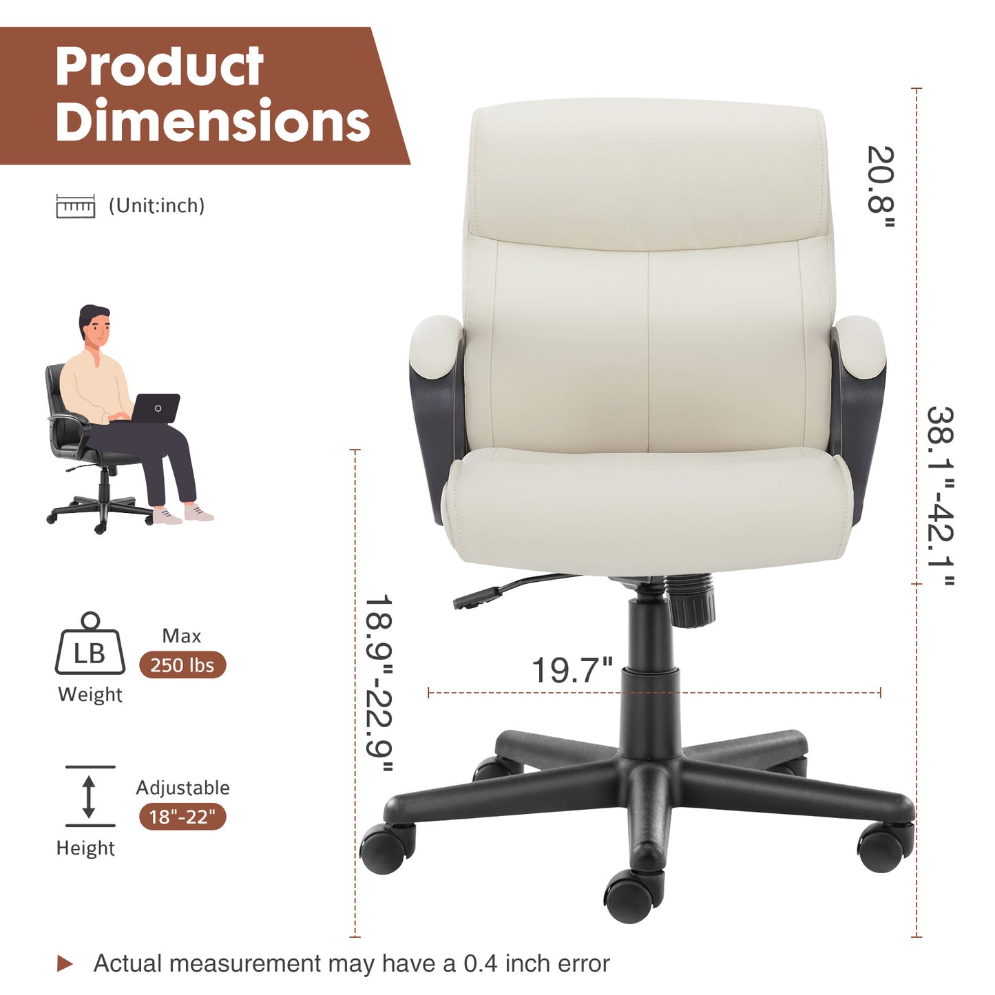 Mid Back Office Desk Chair with Padded Armrests PU Leather Home Office Chair