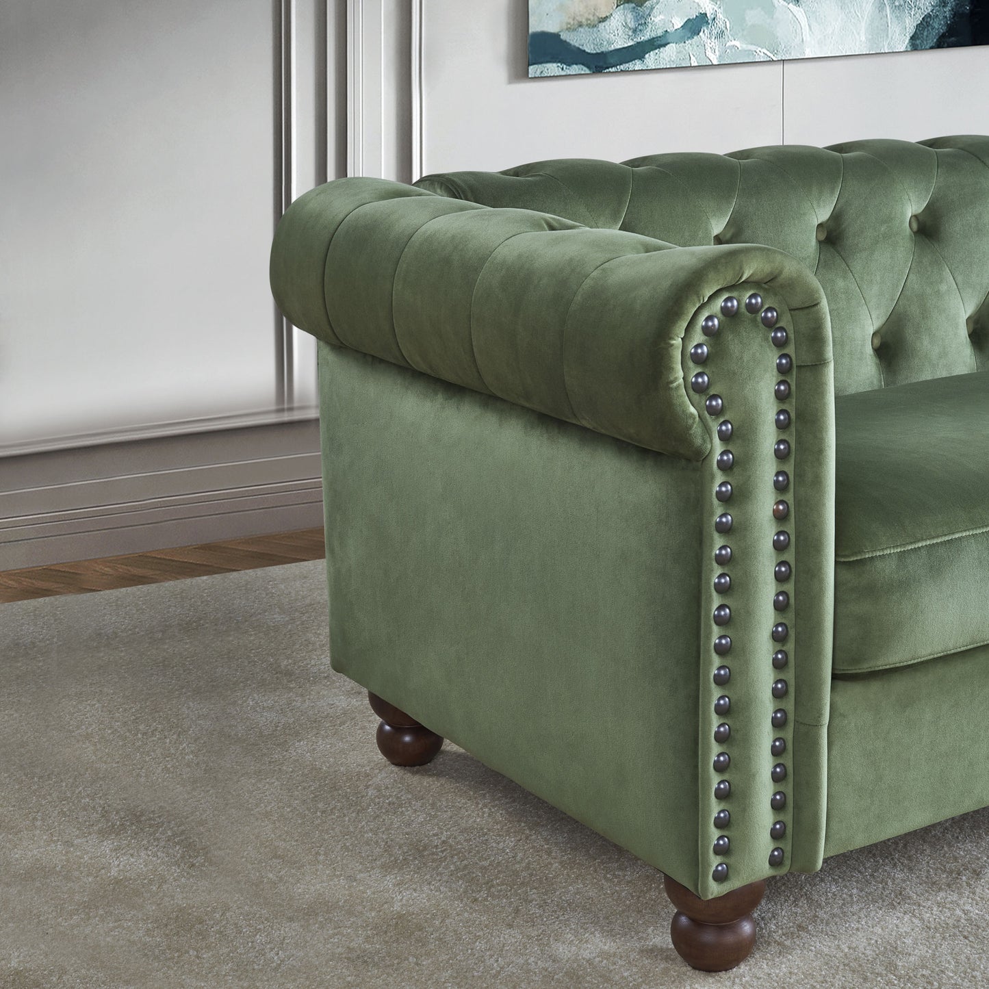 PHOYAL Large Sofa, Velvet Sofa Three-seat Sofa Classic Tufted Chesterfield Settee Sofa Modern 3 Seater Couch Furniture Tufted Back for Living Room (Green)