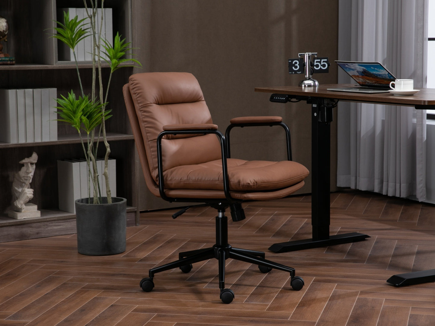 Office Chair,Mid Back Home Office Desk Task Chair with Wheels and Arms Ergonomic PU Leather Computer Rolling Swivel Chair with Padded Armrest,The back of the chair can recline 40° (Brown)