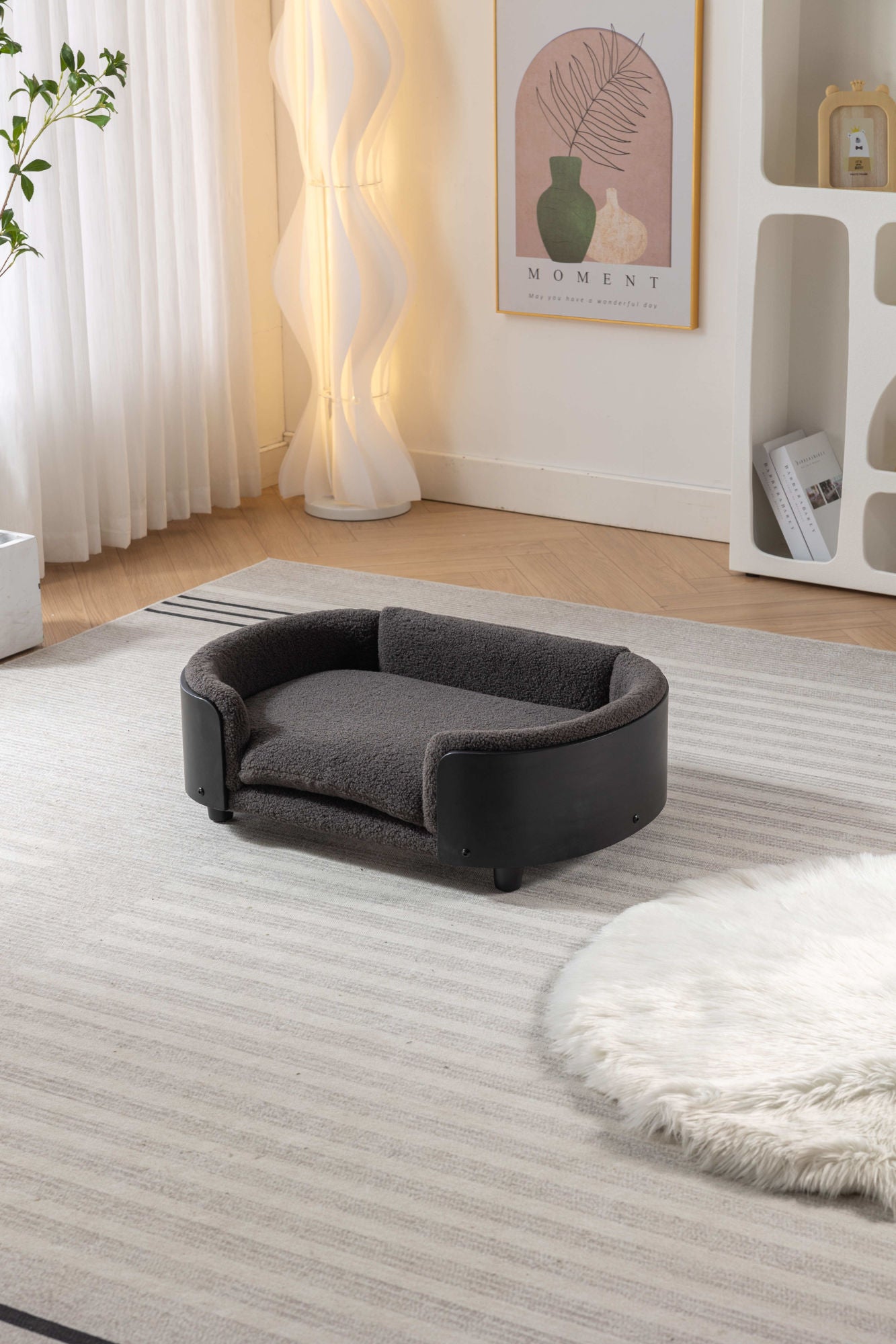 Scandinavian style Elevated Dog Bed Pet Sofa With Solid Wood legs and Black Bent Wood Back, Cashmere Cushion,Mid Size
