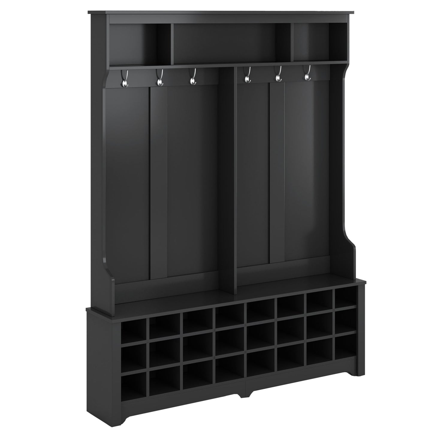 ON-TREND Modern Style Multiple Functions Hallway Coat Rack with Metal Black Hooks, Entryway Bench 60" Wide Hall Tree with Ample Storage Space and 24 Shoe Cubbies , Black (OLD SKU: WF286983AAB )